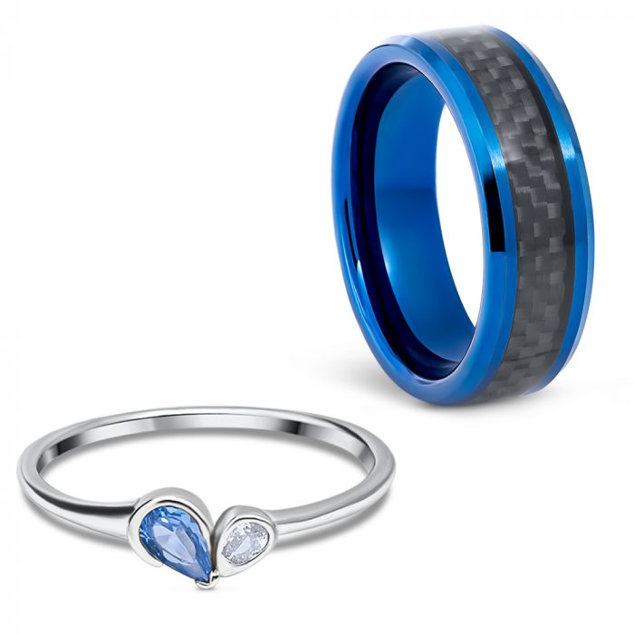 ANILLOS DE PROMESA PAREJA - DÚO - TUNGSTENO, PLATA - AZUL DP04 - Imagen 1