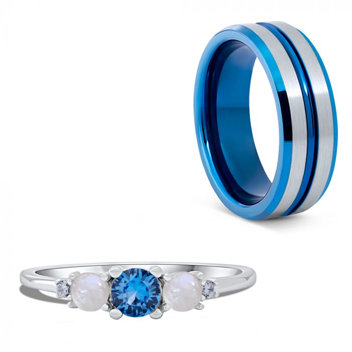 ANILLOS DE PROMESA PAREJA - DÚO - TUNGSTENO, PLATA - OPALO DP02 - Imagen 1