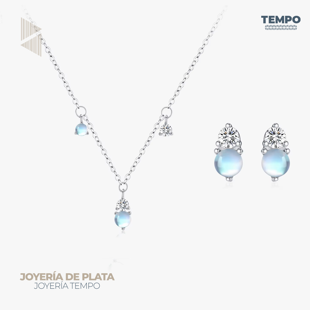 10 Conjunto de Plata 925 – Aritos y Collar – Piedra Lunar Blanca – COP60 - Imagen 1