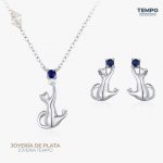 Conjunto de Plata 925 – Aritos y Collar – Gato con Zafiro Azul – COP67