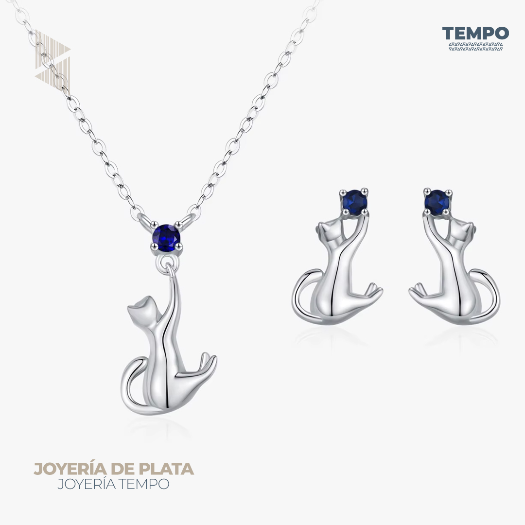 3 Conjunto de Plata 925 – Aritos y Collar – Gato con Zafiro Azul – COP67 - Imagen 1
