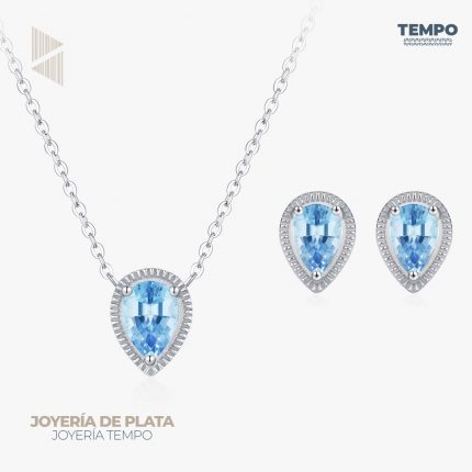 Conjunto de Plata 925 – Aritos y Collar – Lágrima de Topacio Celeste – COP66