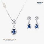Conjunto de Plata 925 – Aritos y Collar – Gota Azul Marino – COP64