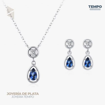 Conjunto de Plata 925 – Aritos y Collar – Gota Azul Marino – COP64