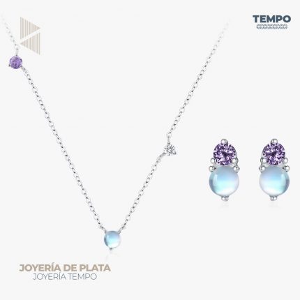 Conjunto de Plata 925 – Aritos y Collar – Piedra Lunar Morada – COP63