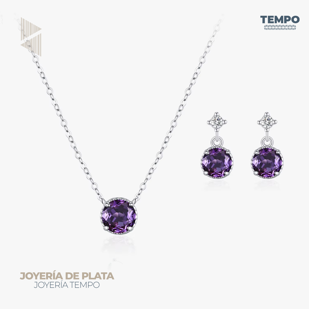 8 Conjunto de Plata 925 – Aritos y Collar – Amatista Violeta – COP62 - Imagen 1