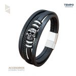 Pulsera de caballero – Calavera Cuero Negro Doble –  C162