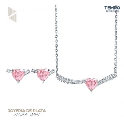 Conjunto de Plata 925 – Aritos y Collar – CORAZÓN ROSA– COP79