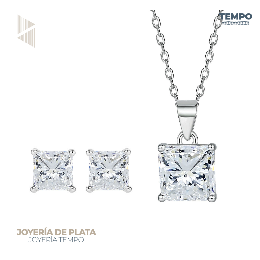 7 Conjunto de Plata 925 – Aritos y Collar – CORTE PRINCESA – COP81 - Imagen 1