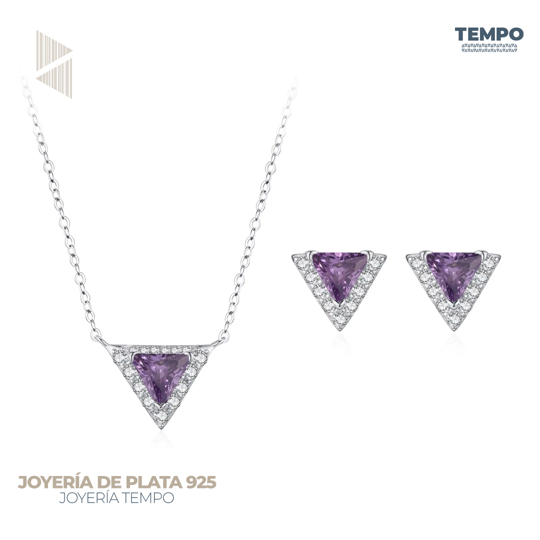 13 Conjunto de Plata 925 – Aritos y Collar – TRIANGULO MORADO COP91 - Imagen 1
