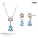 Conjunto de Plata 925 – Aritos y Collar – GOTA AZUL Y CHAMPAN COP92