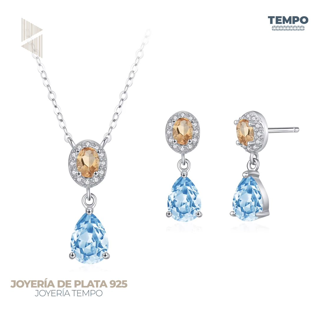 14 Conjunto de Plata 925 – Aritos y Collar – GOTA AZUL Y CHAMPAN COP92 - Imagen 1