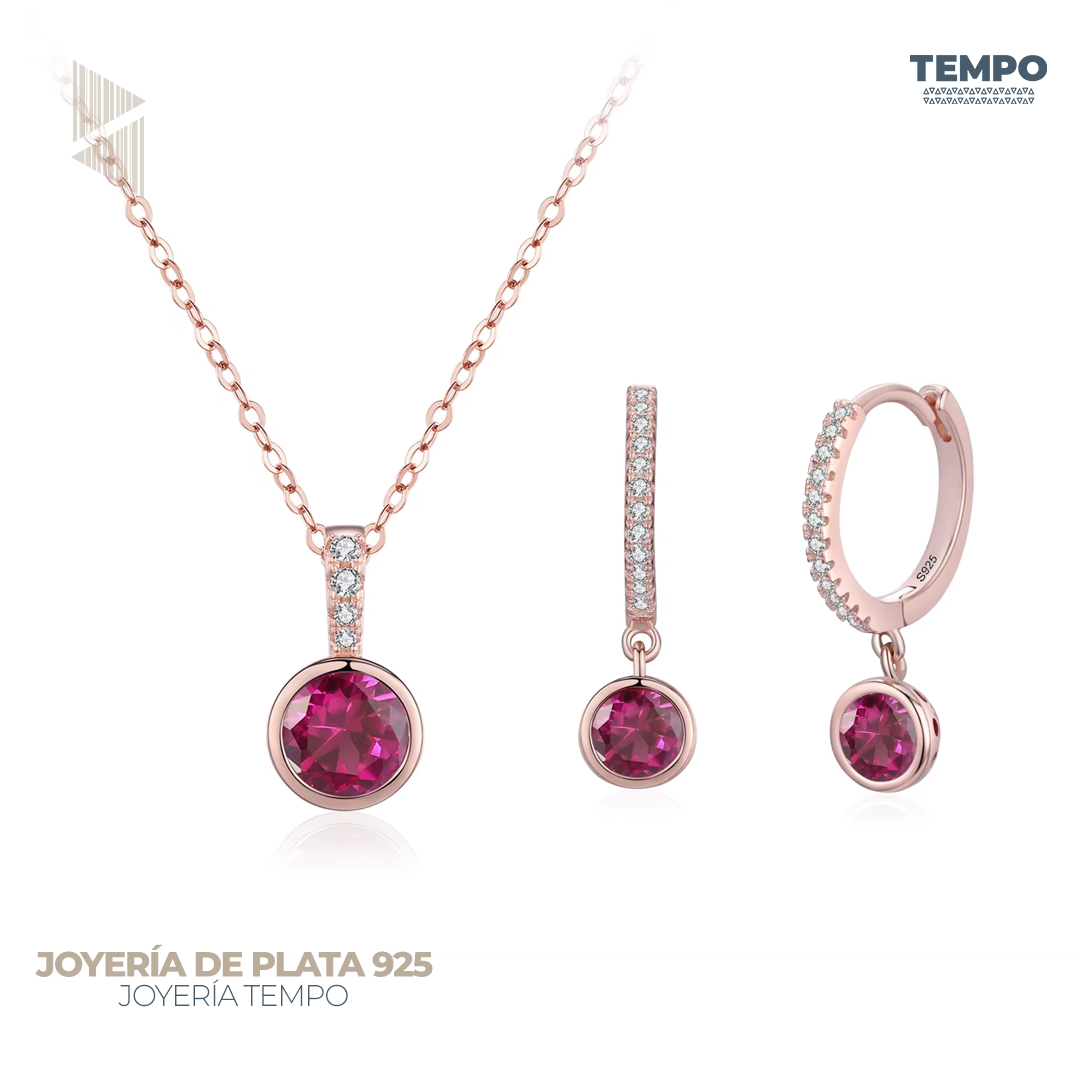 9 Conjunto de Plata 925 – Aritos y Collar – CIRCULO CON BAÑO ROSA – COP88 - Imagen 1